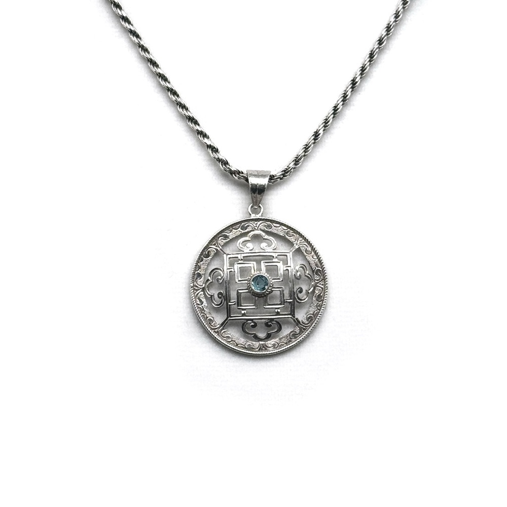 Sterling Silver Blue Topaz Necklace Made in Nepal Tibetan Knot Mandala Pendant